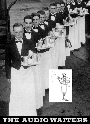 Antique black and white photo of waiters in formal attire